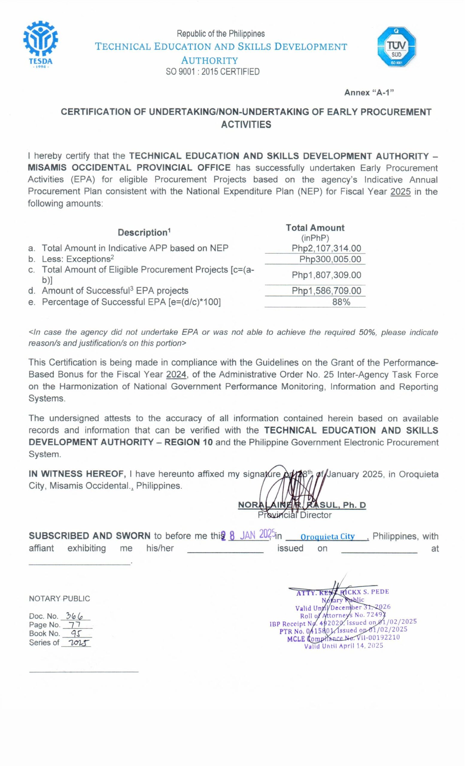 Certificate of Undertaking of Early Procurement Activities FY 2025 ...